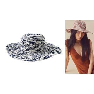 NEW Free People LUSANA Boca Wide Brim Shade Hat Blue and White